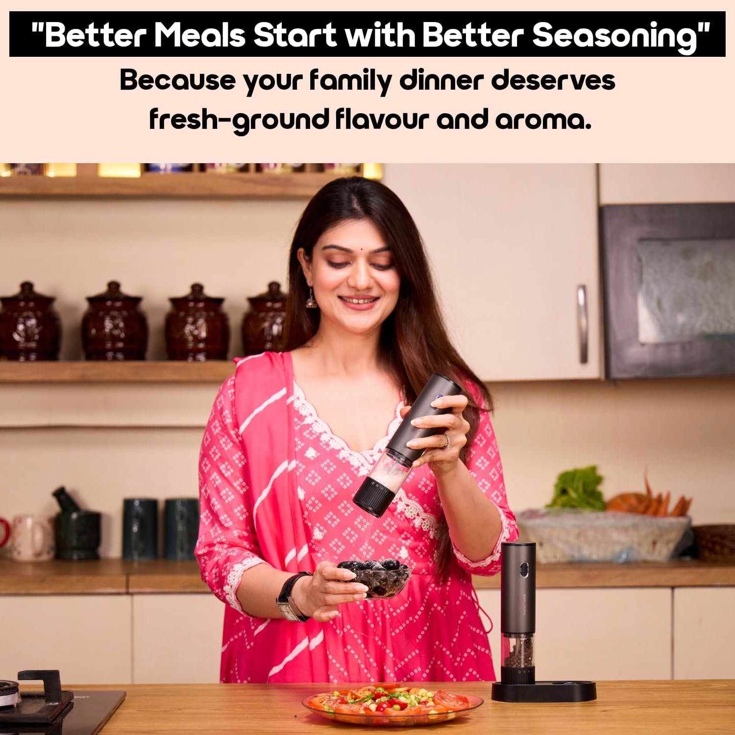 InstaCuppa Electric Salt and Pepper Grinder Set - fresh ground seasoning for better family meals