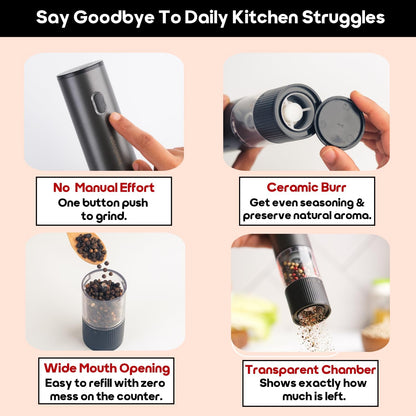 InstaCuppa Salt and Pepper Grinder - one-button grinding, ceramic burr, wide mouth refill, transparent chamber