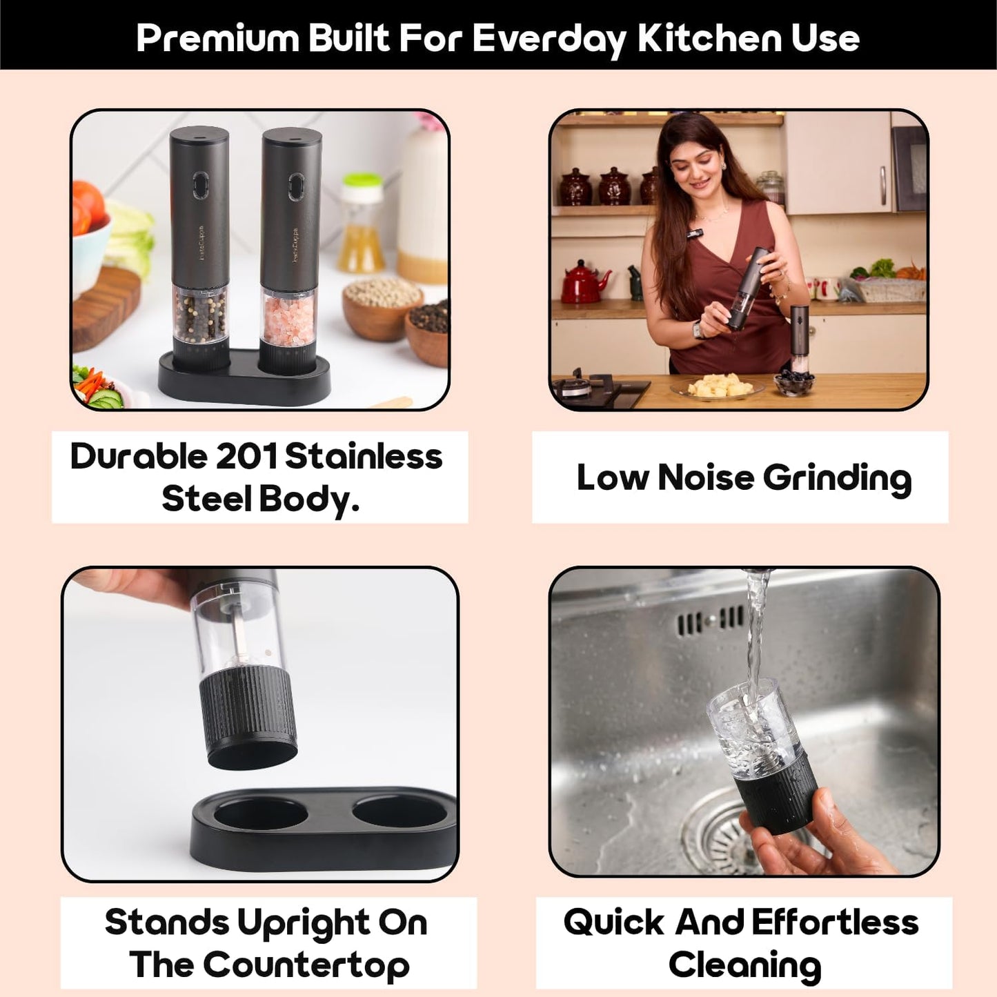 InstaCuppa Salt and Pepper Grinder Set - durable 201 stainless steel body, low noise, stands upright, easy cleaning