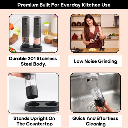 InstaCuppa Salt and Pepper Grinder Set - durable 201 stainless steel body, low noise, stands upright, easy cleaning