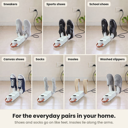 Shoe dryer machine with everyday pairs on its two arms: sneakers, sports shoes, school shoes, canvas shoes, socks, insoles and washed slippers