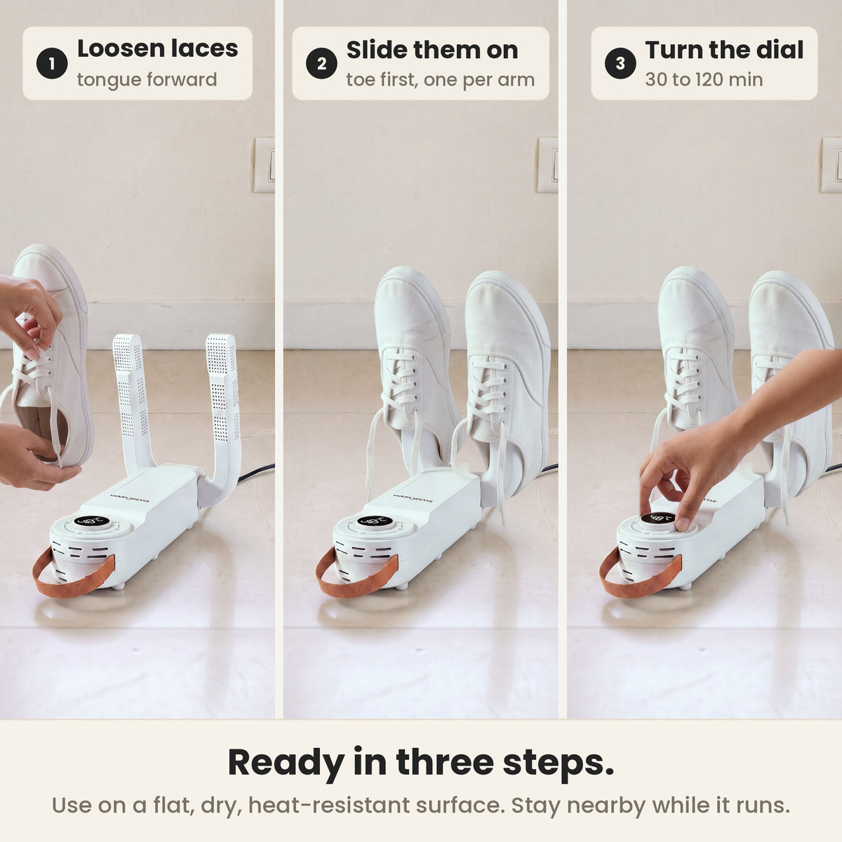 Shoe dryer machine in three steps: loosen the laces and pull the tongue forward, slide the shoes on toe first one per arm, then turn the dial to 30 to 120 min