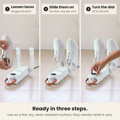 Shoe dryer machine in three steps: loosen the laces and pull the tongue forward, slide the shoes on toe first one per arm, then turn the dial to 30 to 120 min