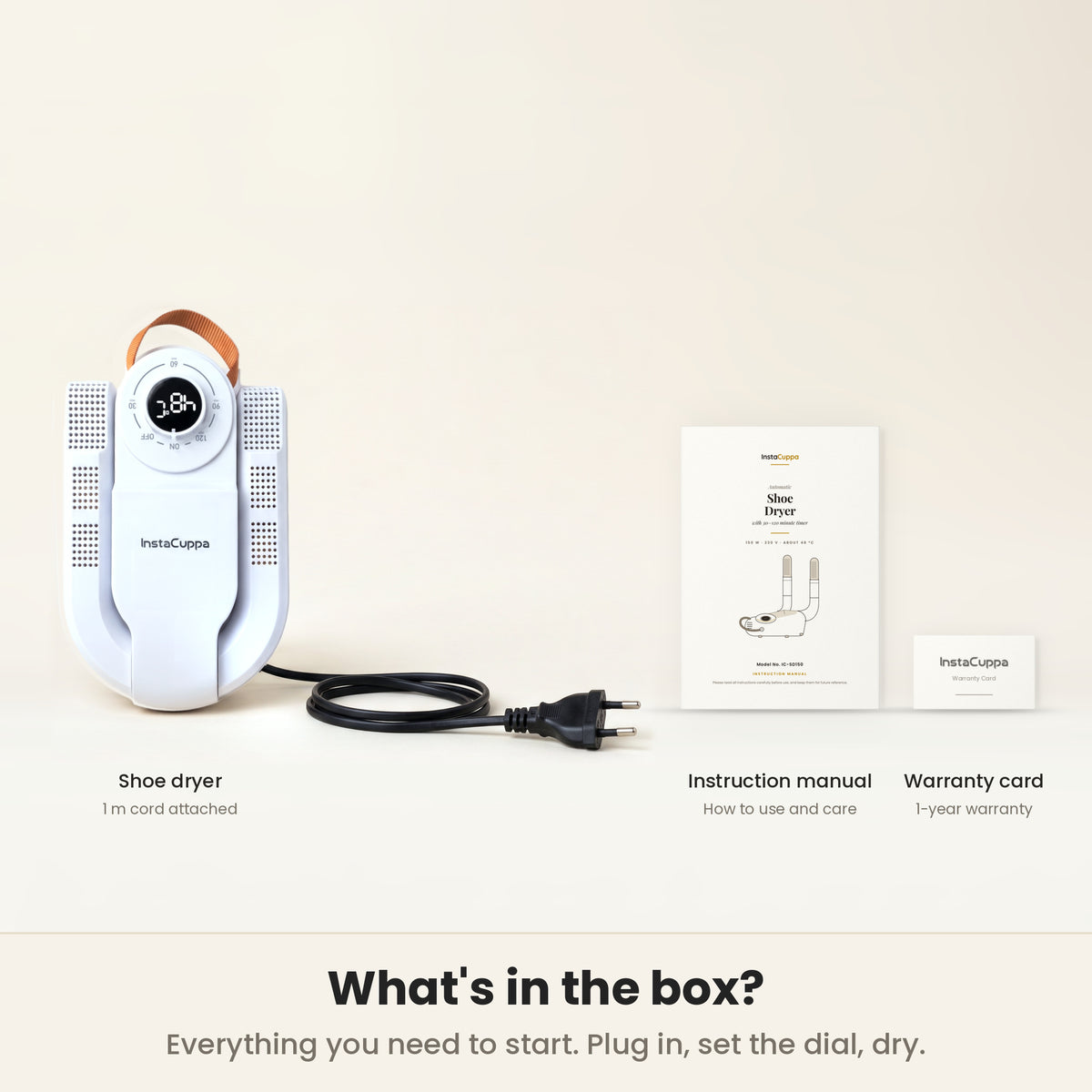 Shoe dryer machine box contents: the folded shoe dryer with its 1 m attached cord and 2-pin plug, the instruction manual and the 1-year warranty card