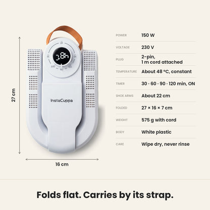 Shoe dryer machine specifications: folds flat to 27 x 16 cm with a carry strap; 150 W, 230 V, 2-pin plug with 1 m cord, about 48 °C constant, 30 to 120 min timer, 22 cm arms, 575 g