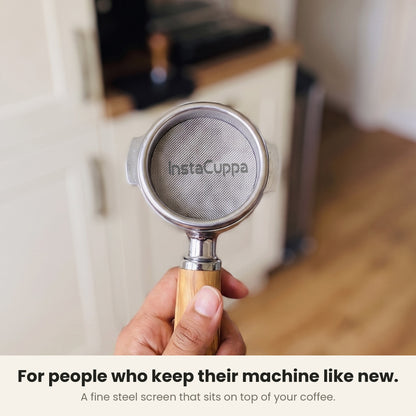 InstaCuppa Espresso Puck Screen - reusable espresso filter fitted in a home coffee machine basket