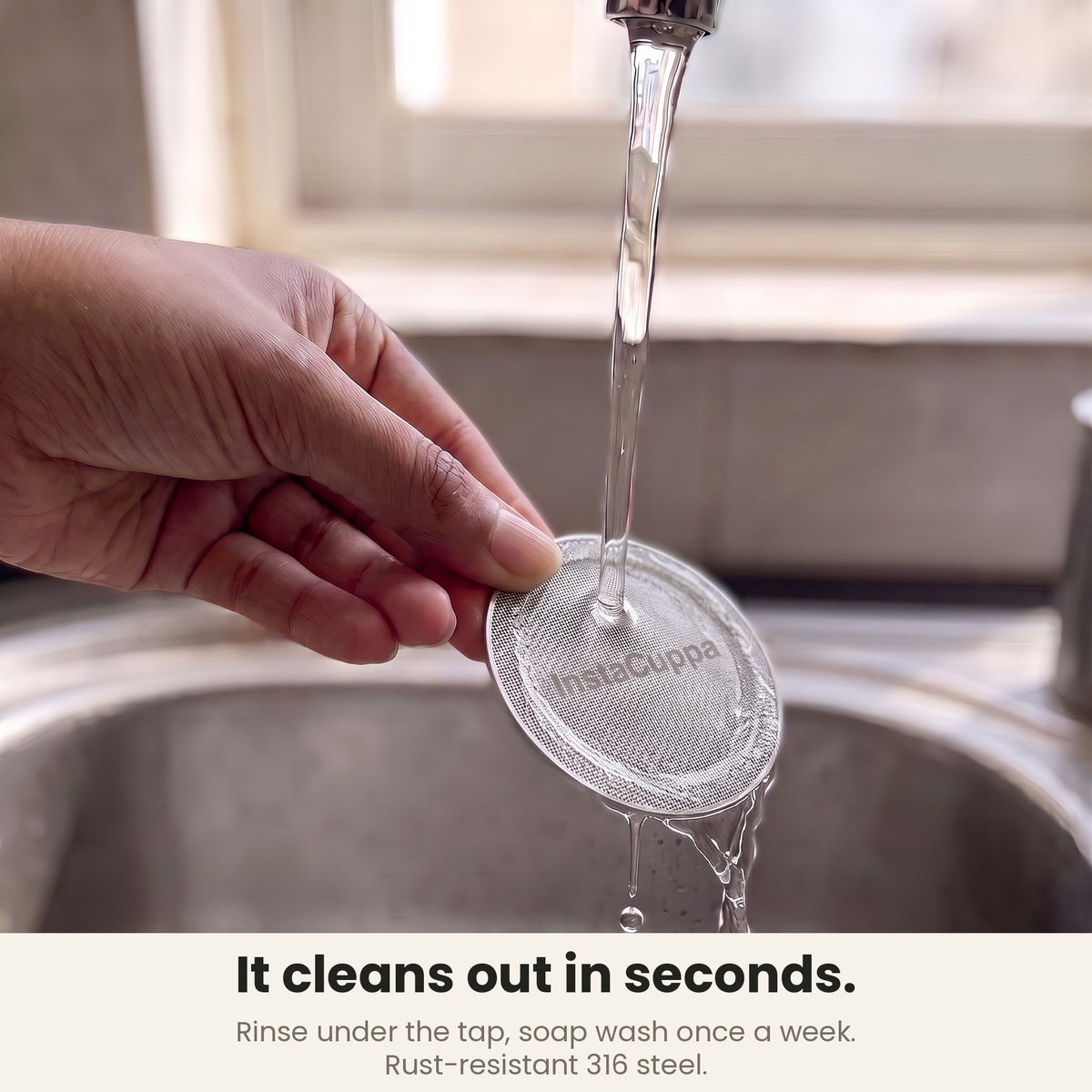 InstaCuppa Espresso Puck Screen - rinsing the reusable steel mesh filter under a tap
