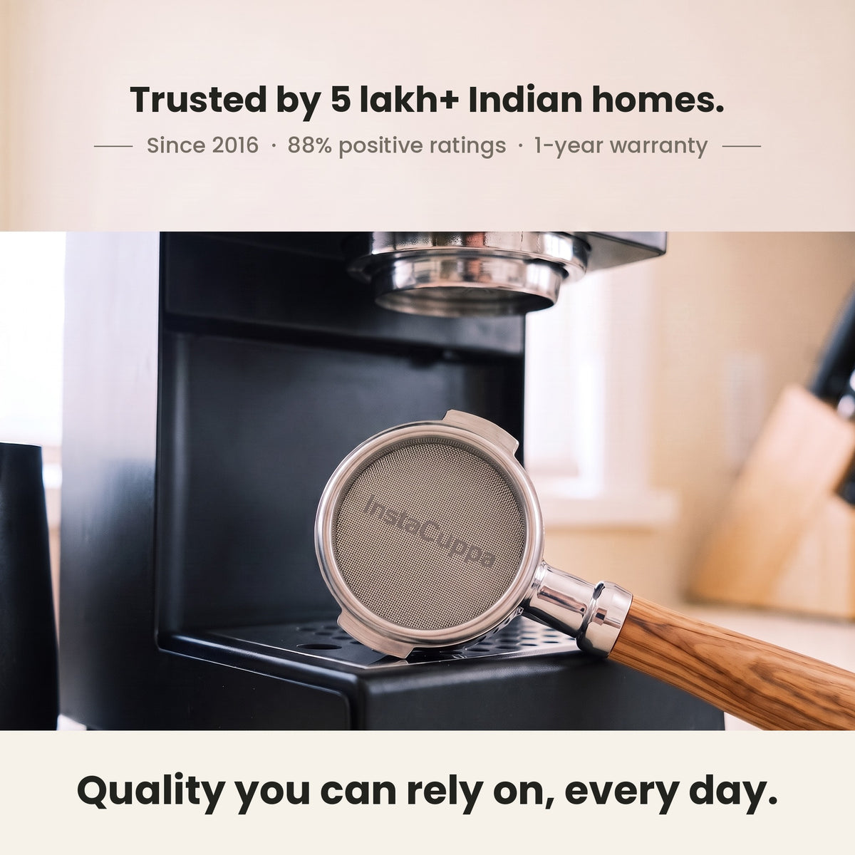 InstaCuppa Espresso Puck Screen - resting on a home espresso machine in an Indian kitchen