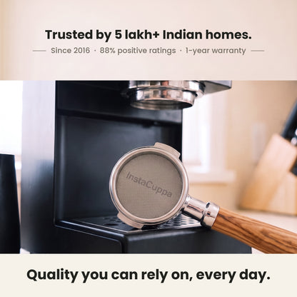 InstaCuppa Espresso Puck Screen - resting on a home espresso machine in an Indian kitchen