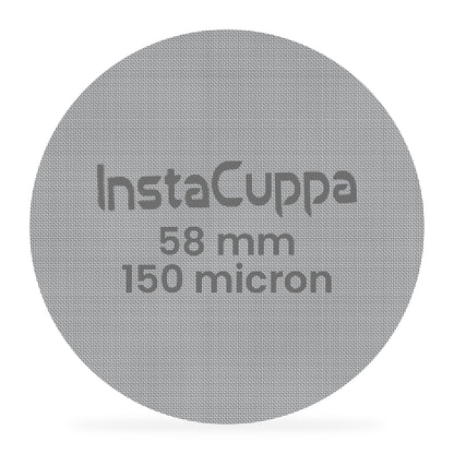 InstaCuppa Espresso Puck Screen - 58 mm - 316 steel 150 micron mesh disc, front view