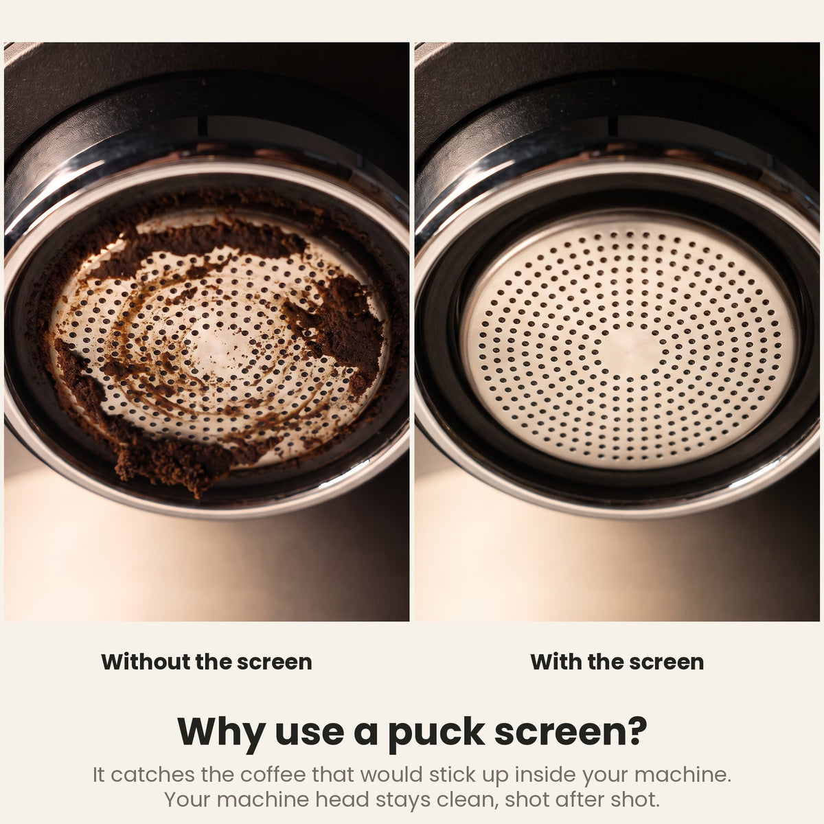 InstaCuppa Espresso Puck Screen - coffee machine head dirty without it and clean with it