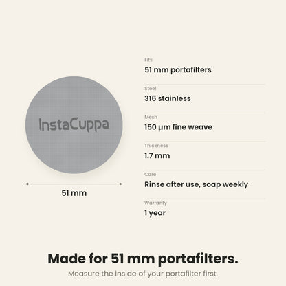 InstaCuppa Espresso Puck Screen - 51 mm - size and specification chart, 316 stainless steel, 1.7 mm