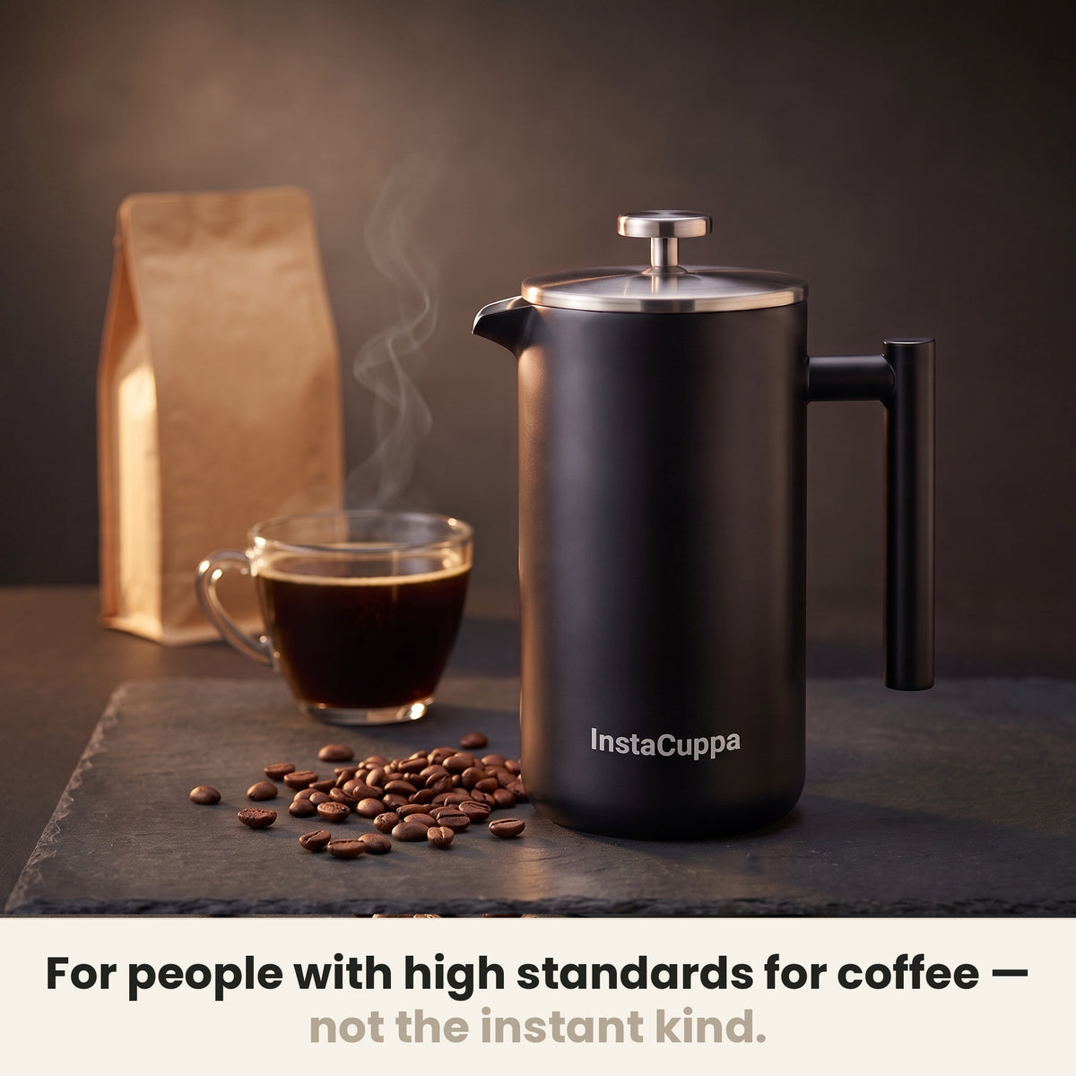 InstaCuppa Stainless Steel French Press 1000 ml - Black - matte black, for people with high coffee standards