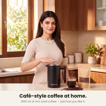 InstaCuppa Stainless Steel French Press 1000 ml - Black - matte black, brewing fresh coffee at home
