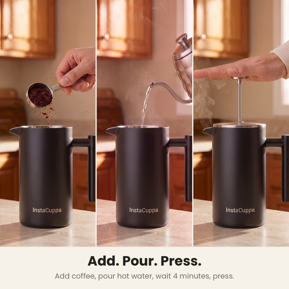 InstaCuppa Stainless Steel French Press 1000 ml - Black - matte black, add coffee, pour water, press