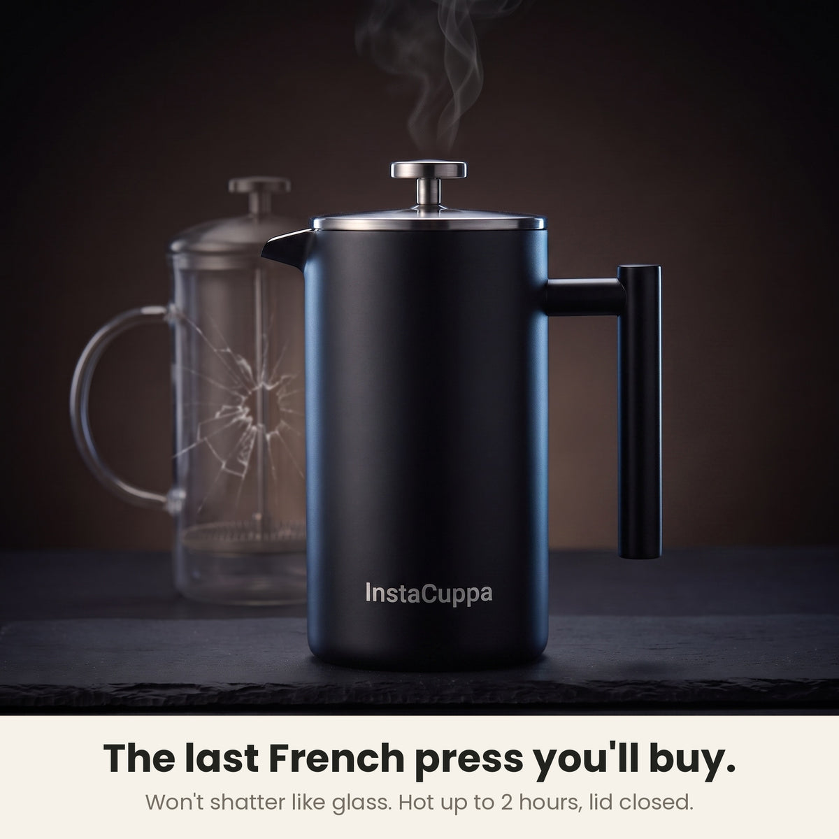 InstaCuppa Stainless Steel French Press 1000 ml - Black - matte black, solid steel, won't shatter like glass