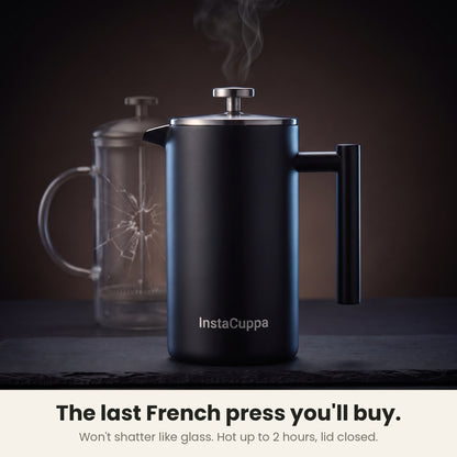 InstaCuppa Stainless Steel French Press 1000 ml - Black - matte black, solid steel, won't shatter like glass