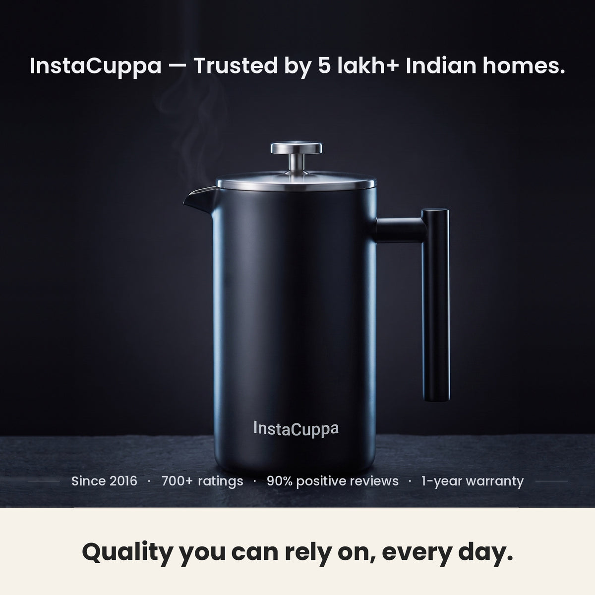 InstaCuppa Stainless Steel French Press 1000 ml - Black - matte black, trusted by 5 lakh+ Indian homes, 1-year warranty
