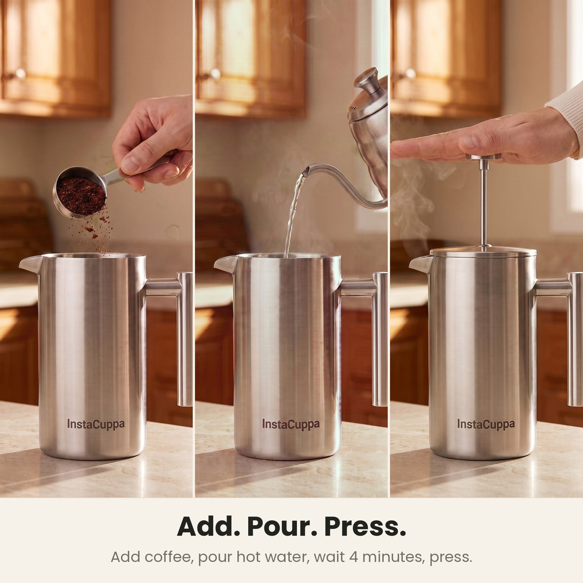 InstaCuppa Stainless Steel French Press 1000 ml - Classic - brushed steel, add coffee, pour water, press