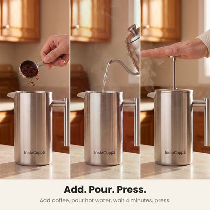 InstaCuppa Stainless Steel French Press 1000 ml - Classic - brushed steel, add coffee, pour water, press