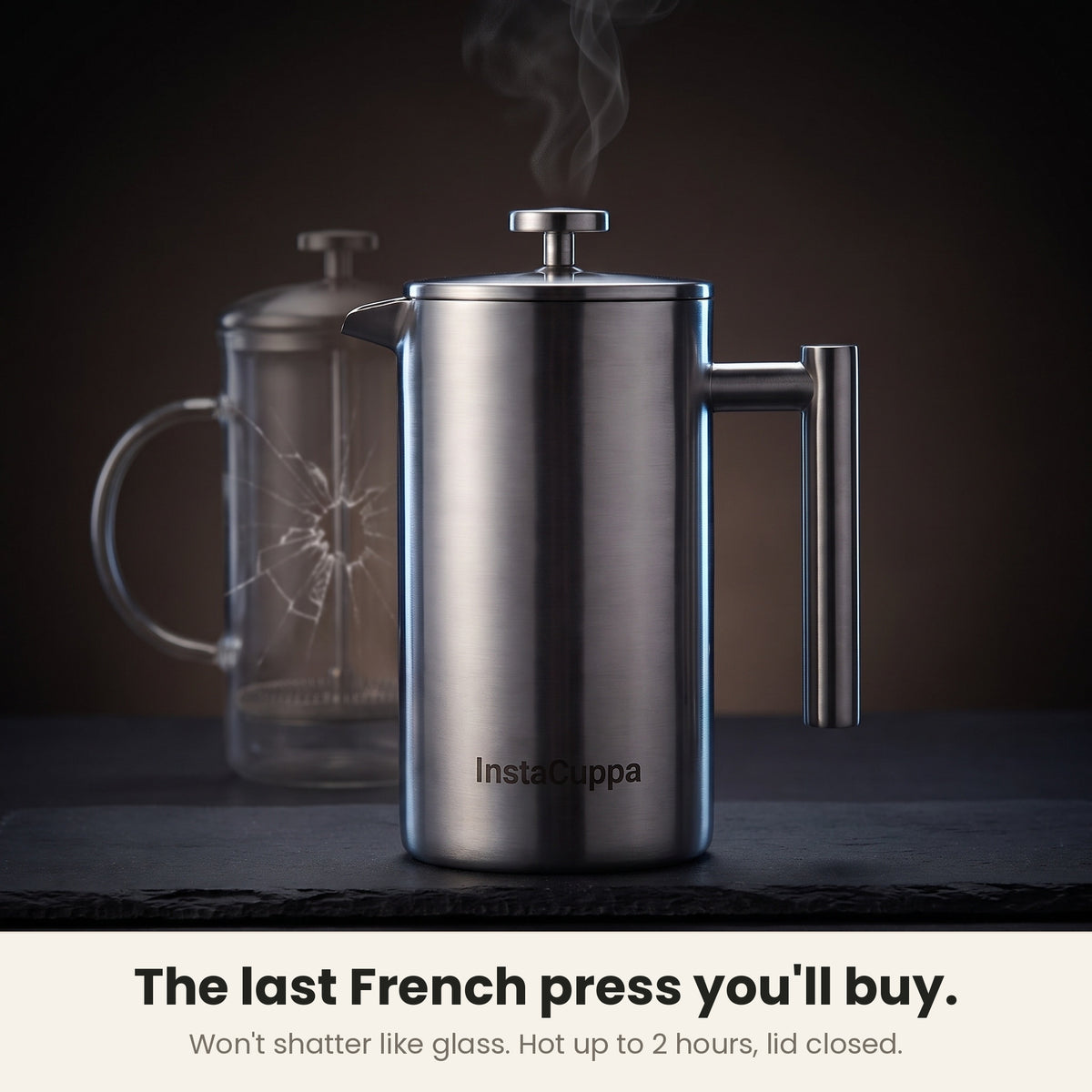 InstaCuppa Stainless Steel French Press 1000 ml - Classic - brushed steel, solid steel, won't shatter like glass