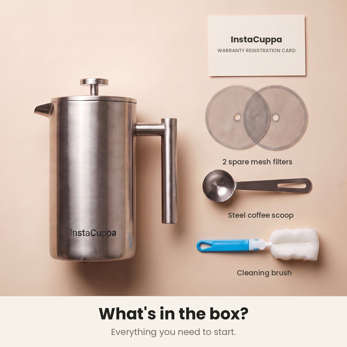 InstaCuppa Stainless Steel French Press 1000 ml - Classic - brushed steel, box: 2 spare filters, scoop, cleaning brush