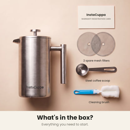 InstaCuppa Stainless Steel French Press 1000 ml - Classic - brushed steel, box: 2 spare filters, scoop, cleaning brush