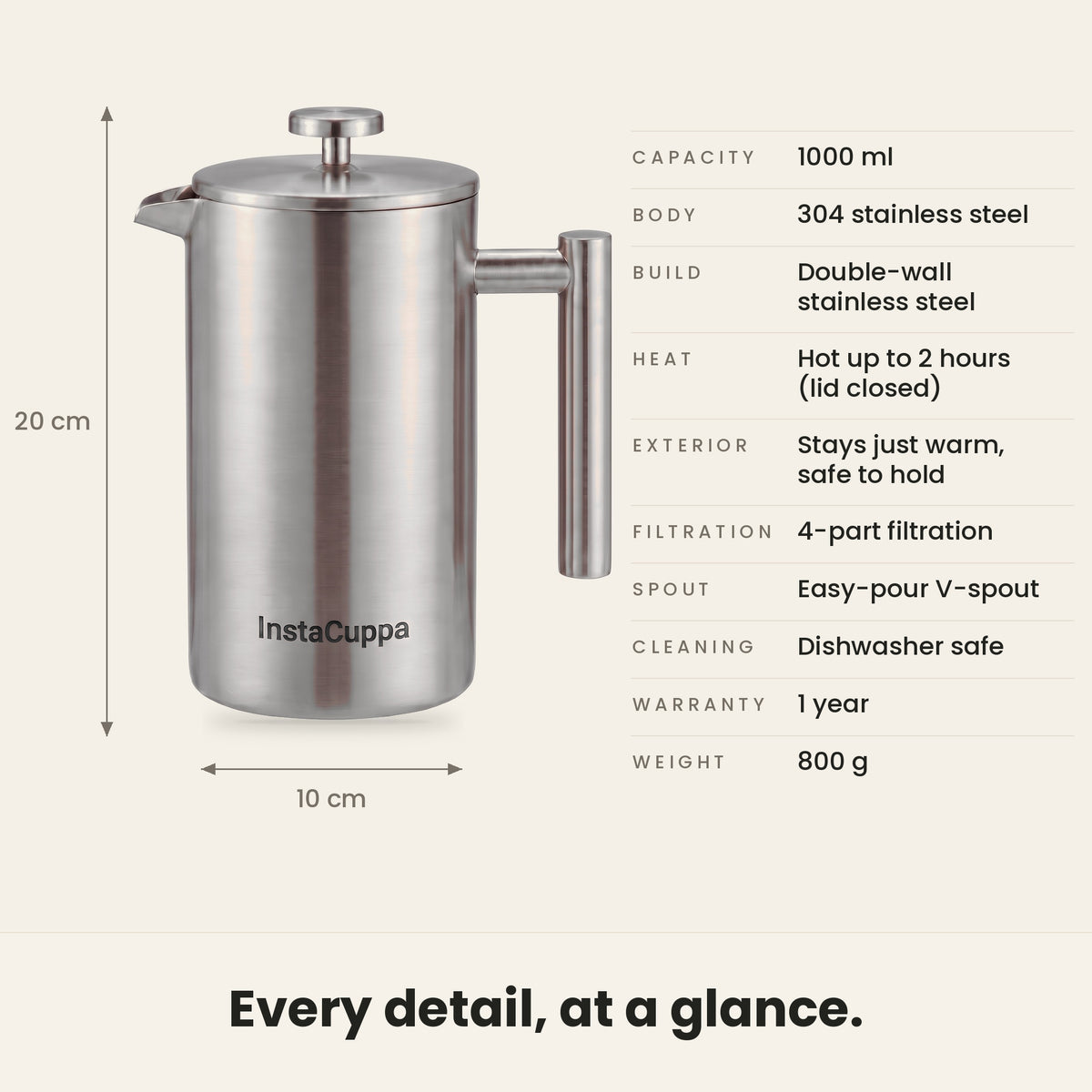 InstaCuppa Stainless Steel French Press 1000 ml - Classic - double-wall 304 steel, 1000 ml, 4-part filtration specs