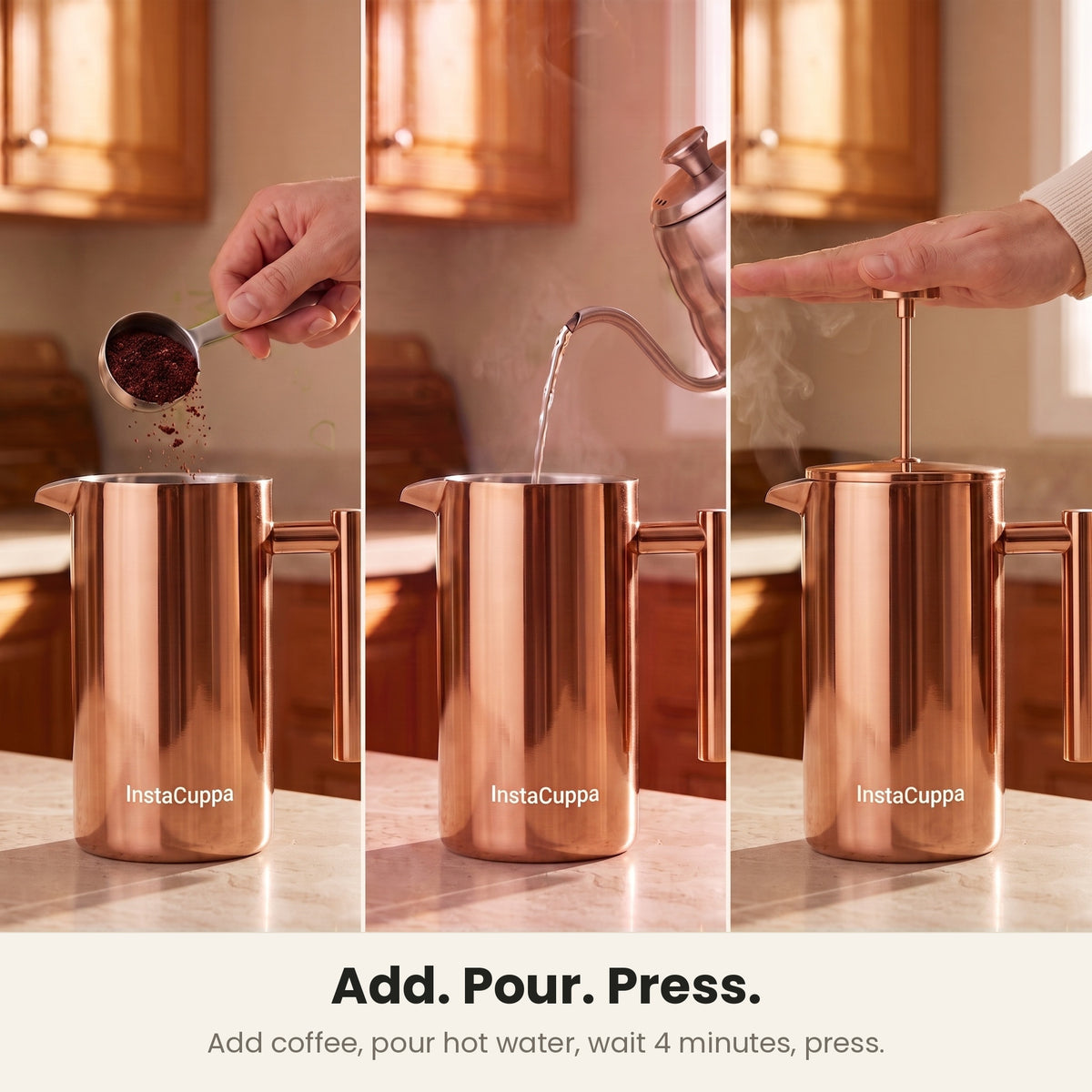 InstaCuppa Stainless Steel French Press 1000 ml - Copper - copper, add coffee, pour water, press
