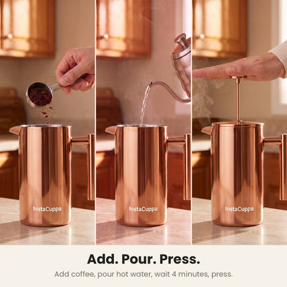 InstaCuppa Stainless Steel French Press 1000 ml - Copper - copper, add coffee, pour water, press