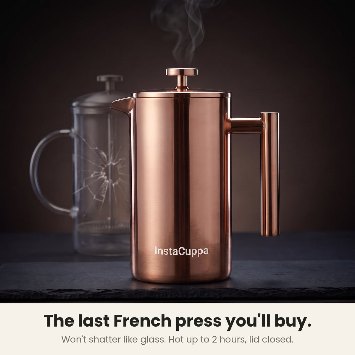 InstaCuppa Stainless Steel French Press 1000 ml - Copper - copper, solid steel, won't shatter like glass