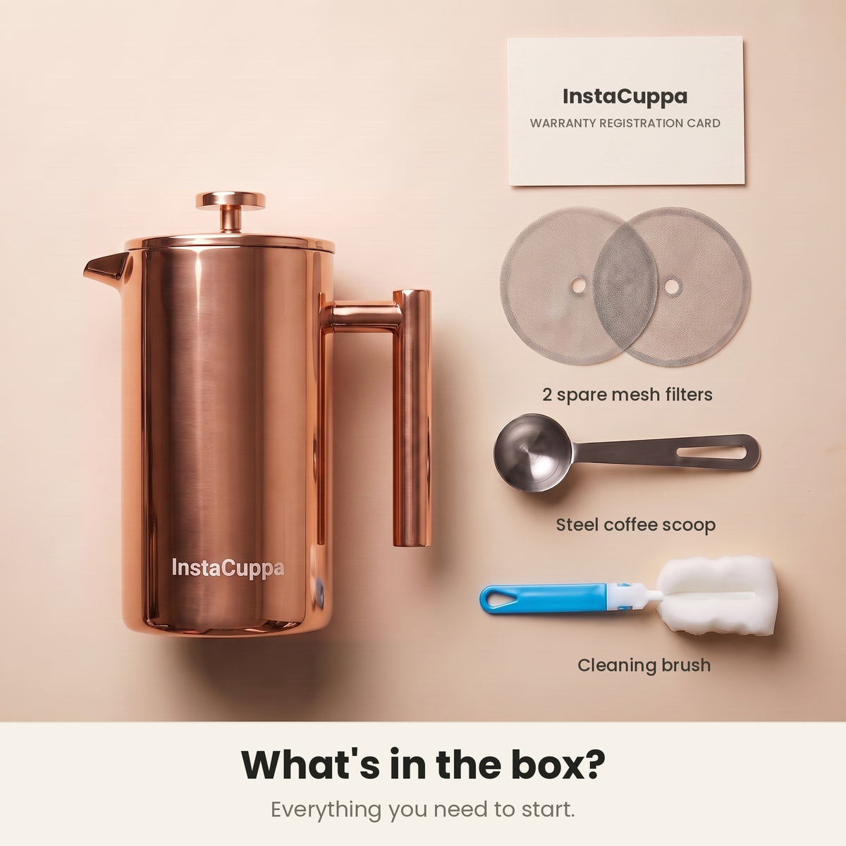 InstaCuppa Stainless Steel French Press 1000 ml - Copper - copper, box: 2 spare filters, scoop, cleaning brush