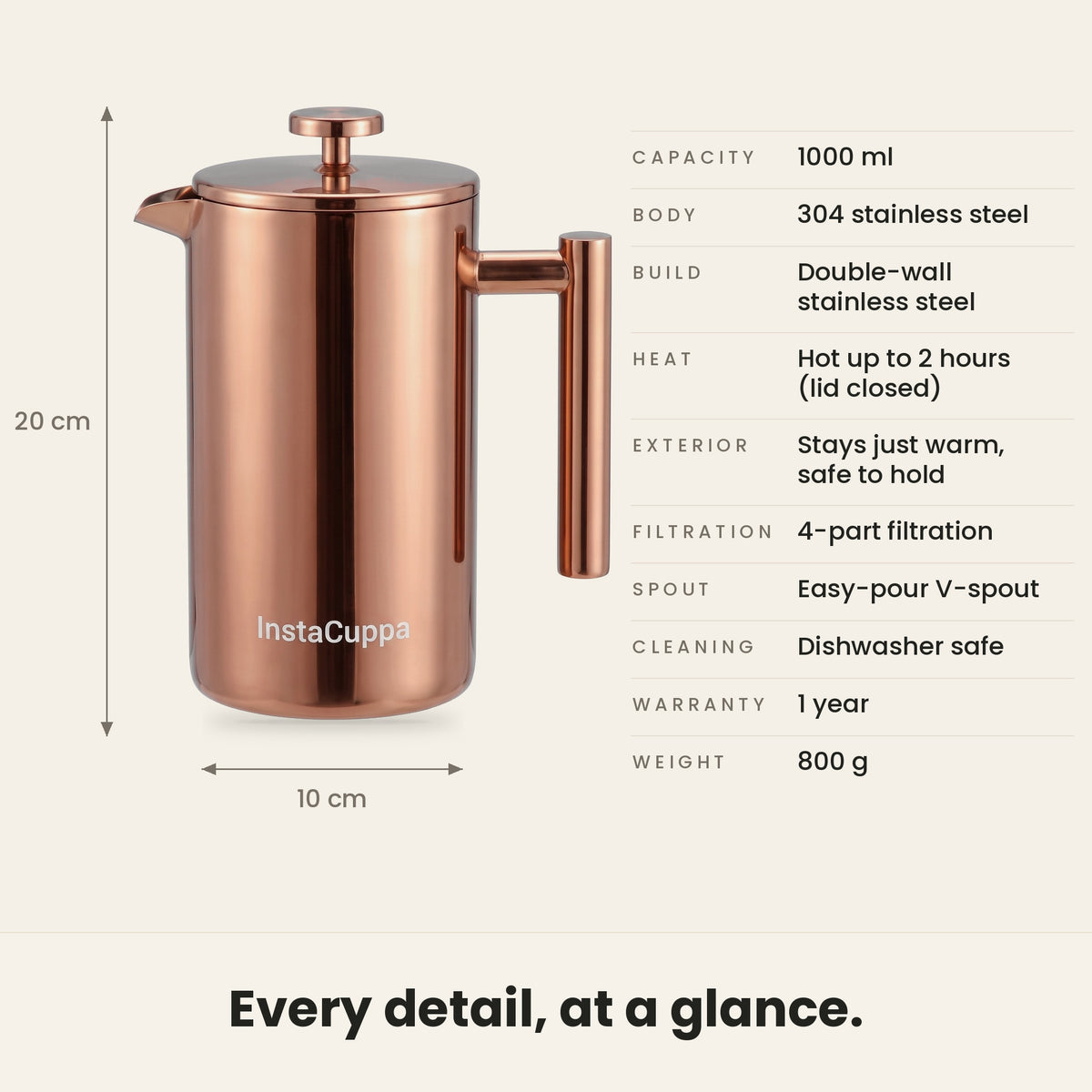 InstaCuppa Stainless Steel French Press 1000 ml - Copper - double-wall 304 steel, 1000 ml, 4-part filtration specs