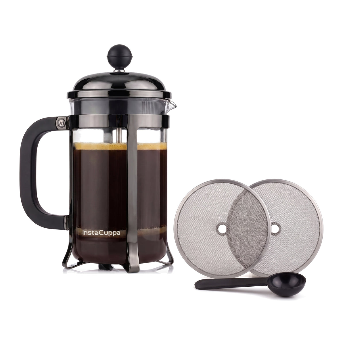 InstaCuppa Classic Glass French Press 600 ml - Black - glass French press with a glossy gunmetal frame, 2 spare mesh filters and a scoop