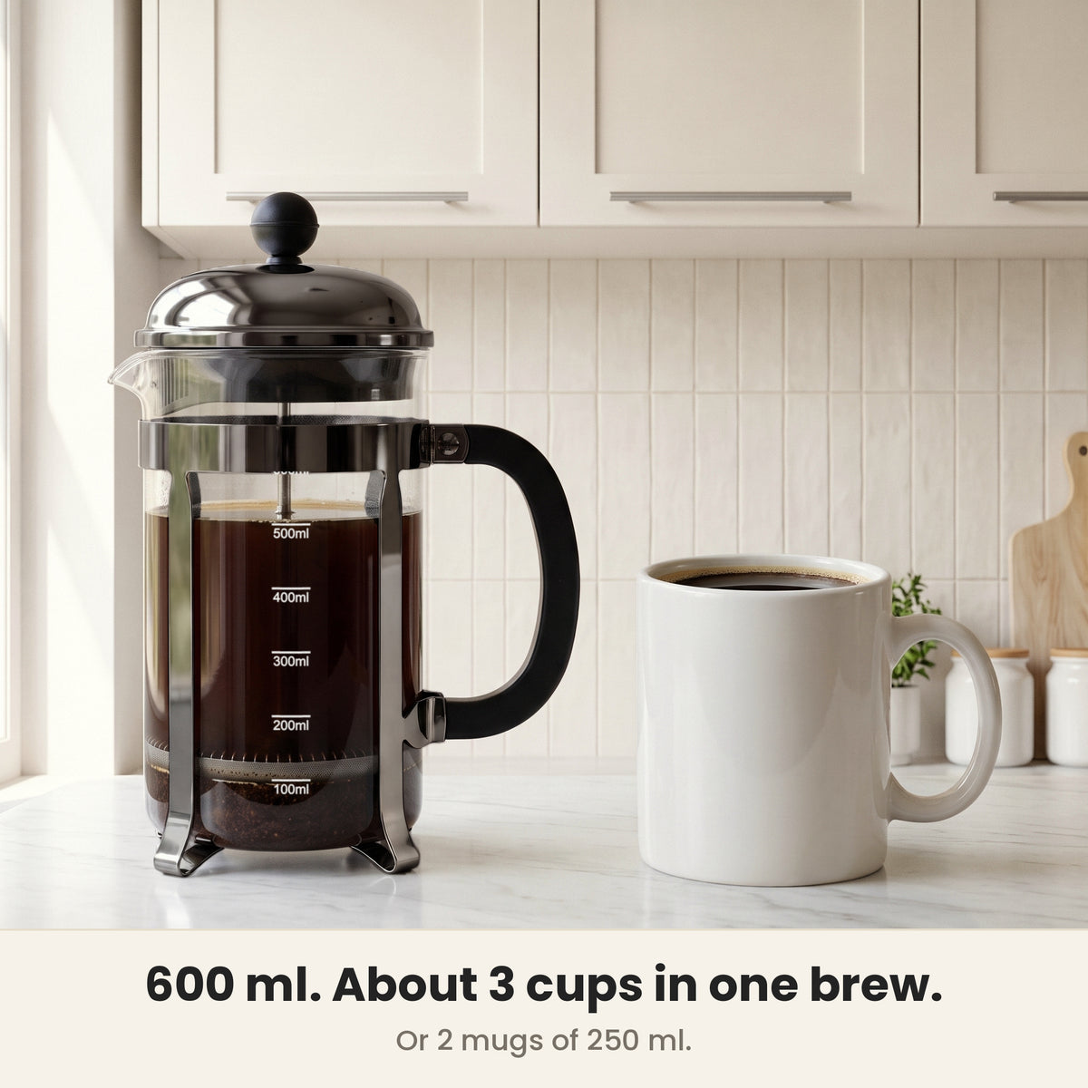 InstaCuppa Classic Glass French Press 600 ml - Black - 600 ml makes about 3 cups (150 ml) or 2 mugs in one brew