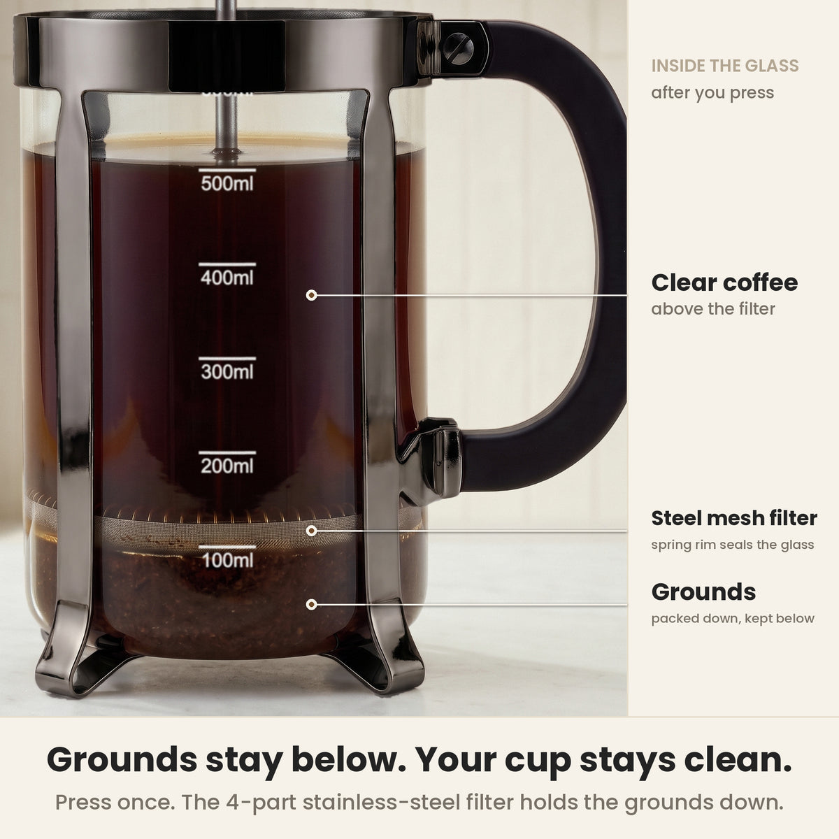 InstaCuppa Classic Glass French Press 600 ml - Black - 4-part stainless-steel filter keeps the grounds below