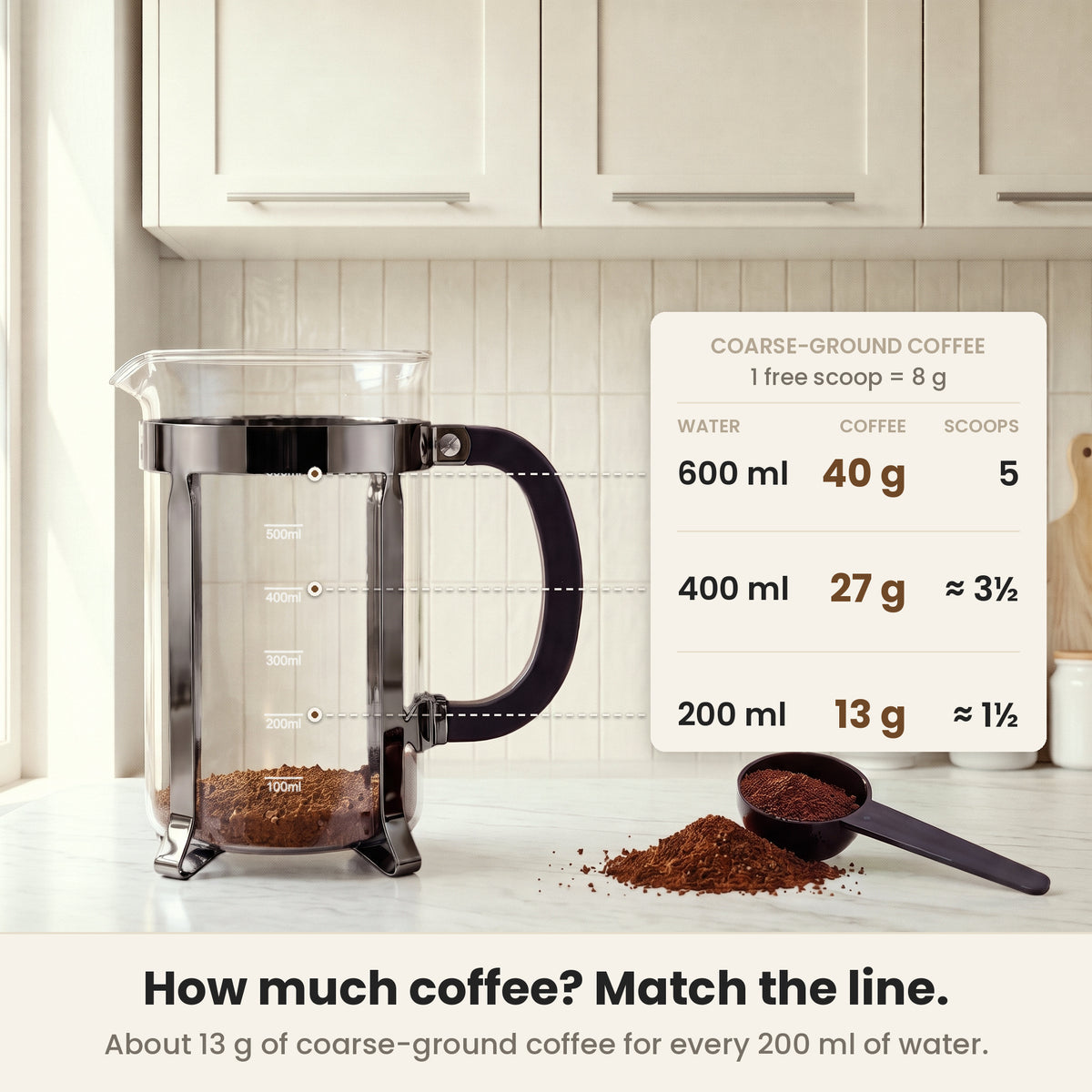 InstaCuppa Classic Glass French Press 600 ml - Black - dose guide: about 13 g coarse coffee per 200 ml of water