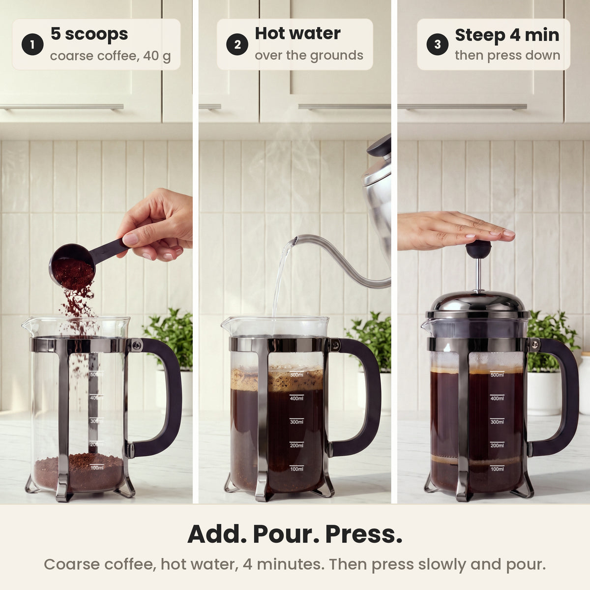 InstaCuppa Classic Glass French Press 600 ml - Black - add coarse coffee, pour hot water, steep 4 minutes, press