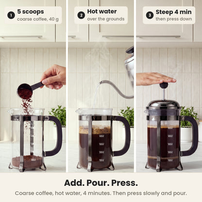 InstaCuppa Classic Glass French Press 600 ml - Black - add coarse coffee, pour hot water, steep 4 minutes, press