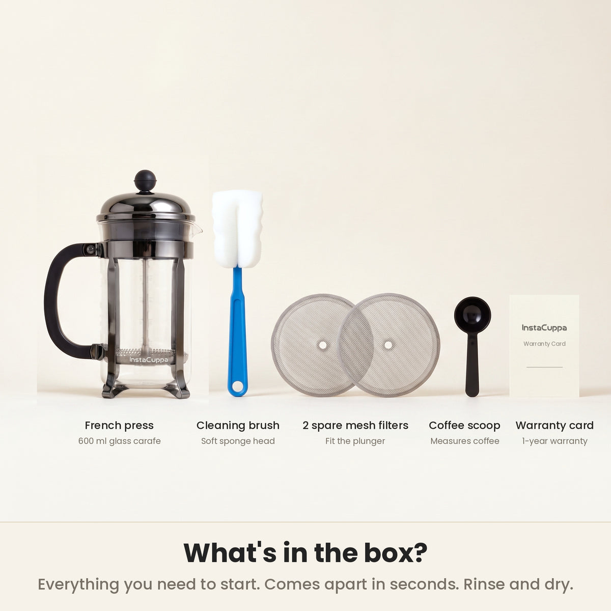 InstaCuppa Classic Glass French Press 600 ml - Black - what's in the box: press, brush, 2 spare mesh filters, scoop, warranty card
