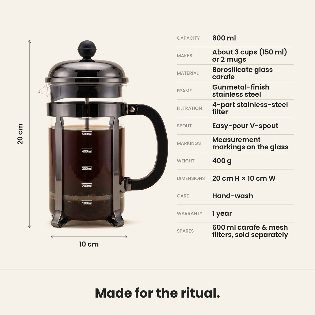 InstaCuppa Classic Glass French Press 600 ml - Black - specifications: 600 ml borosilicate glass, glossy gunmetal frame, hand-wash, 20 x 10 cm