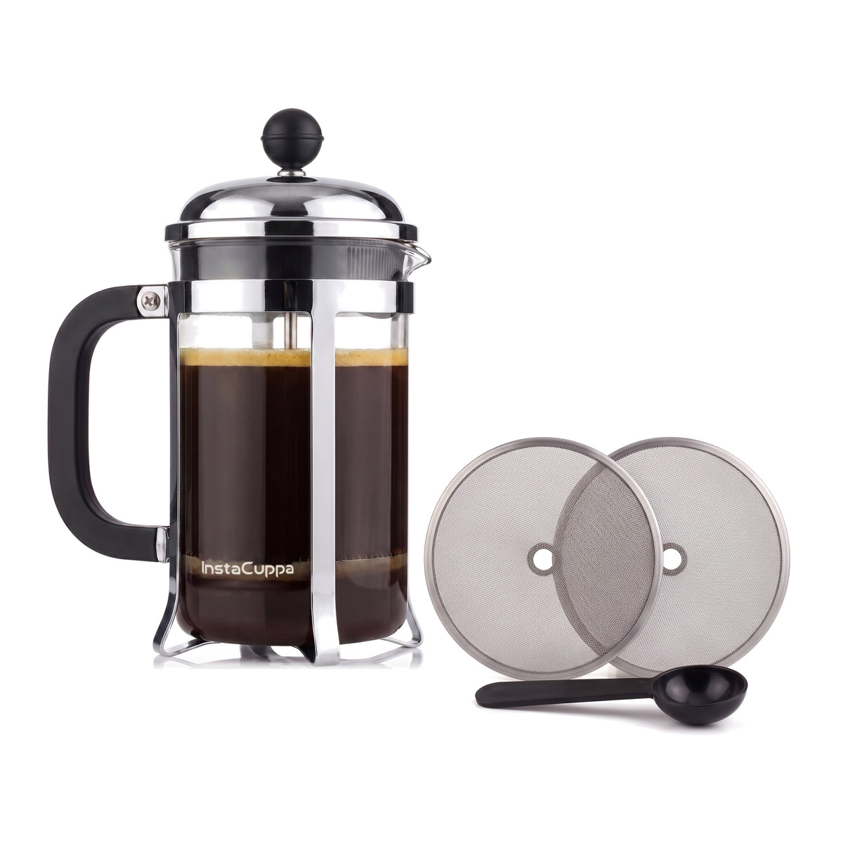 InstaCuppa Classic Glass French Press 600 ml - Clear - glass French press with a polished steel frame, 2 spare mesh filters and a scoop