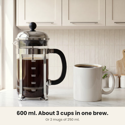 InstaCuppa Classic Glass French Press 600 ml - Clear - 600 ml makes about 3 cups (150 ml) or 2 mugs in one brew