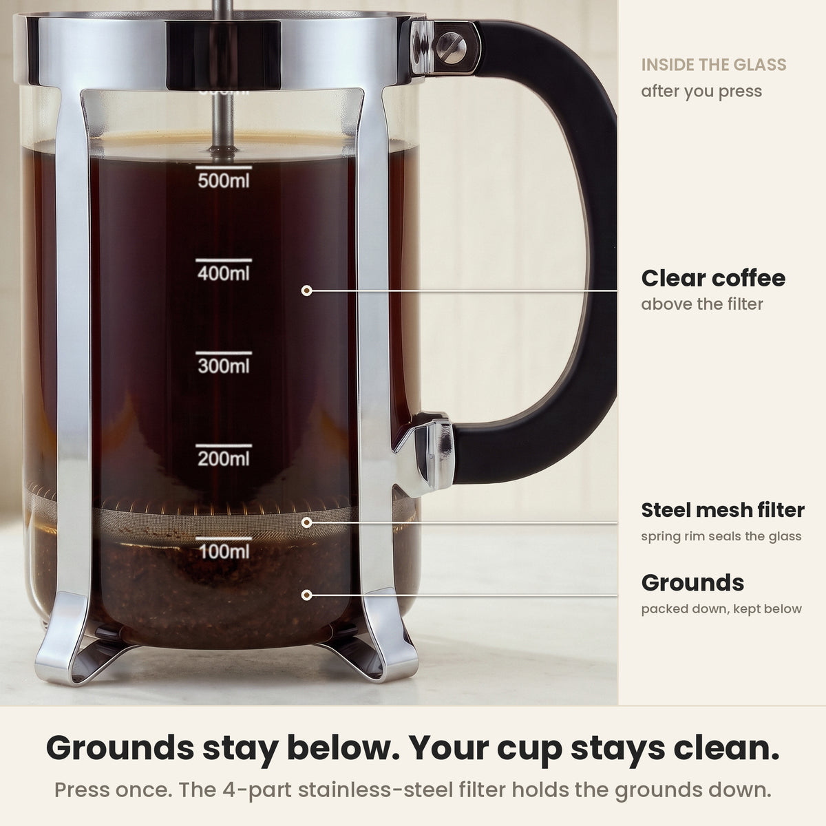 InstaCuppa Classic Glass French Press 600 ml - Clear - 4-part stainless-steel filter keeps the grounds below