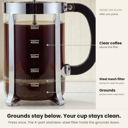 InstaCuppa Classic Glass French Press 600 ml - Clear - 4-part stainless-steel filter keeps the grounds below