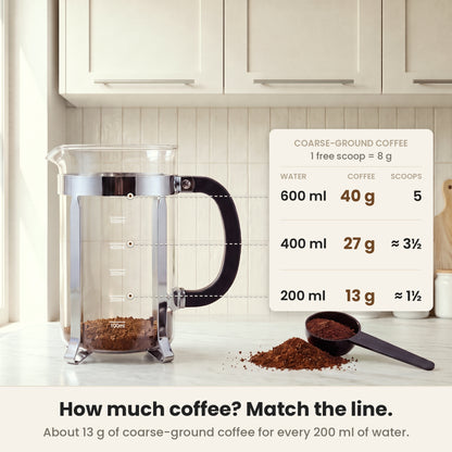 InstaCuppa Classic Glass French Press 600 ml - Clear - dose guide: about 13 g coarse coffee per 200 ml of water