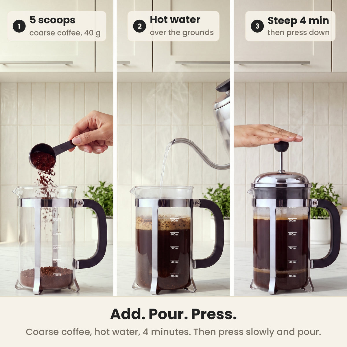 InstaCuppa Classic Glass French Press 600 ml - Clear - add coarse coffee, pour hot water, steep 4 minutes, press