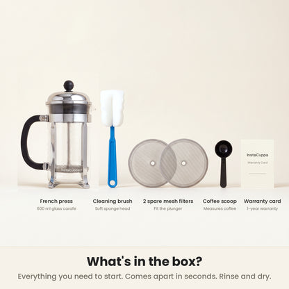 InstaCuppa Classic Glass French Press 600 ml - Clear - what's in the box: press, brush, 2 spare mesh filters, scoop, warranty card