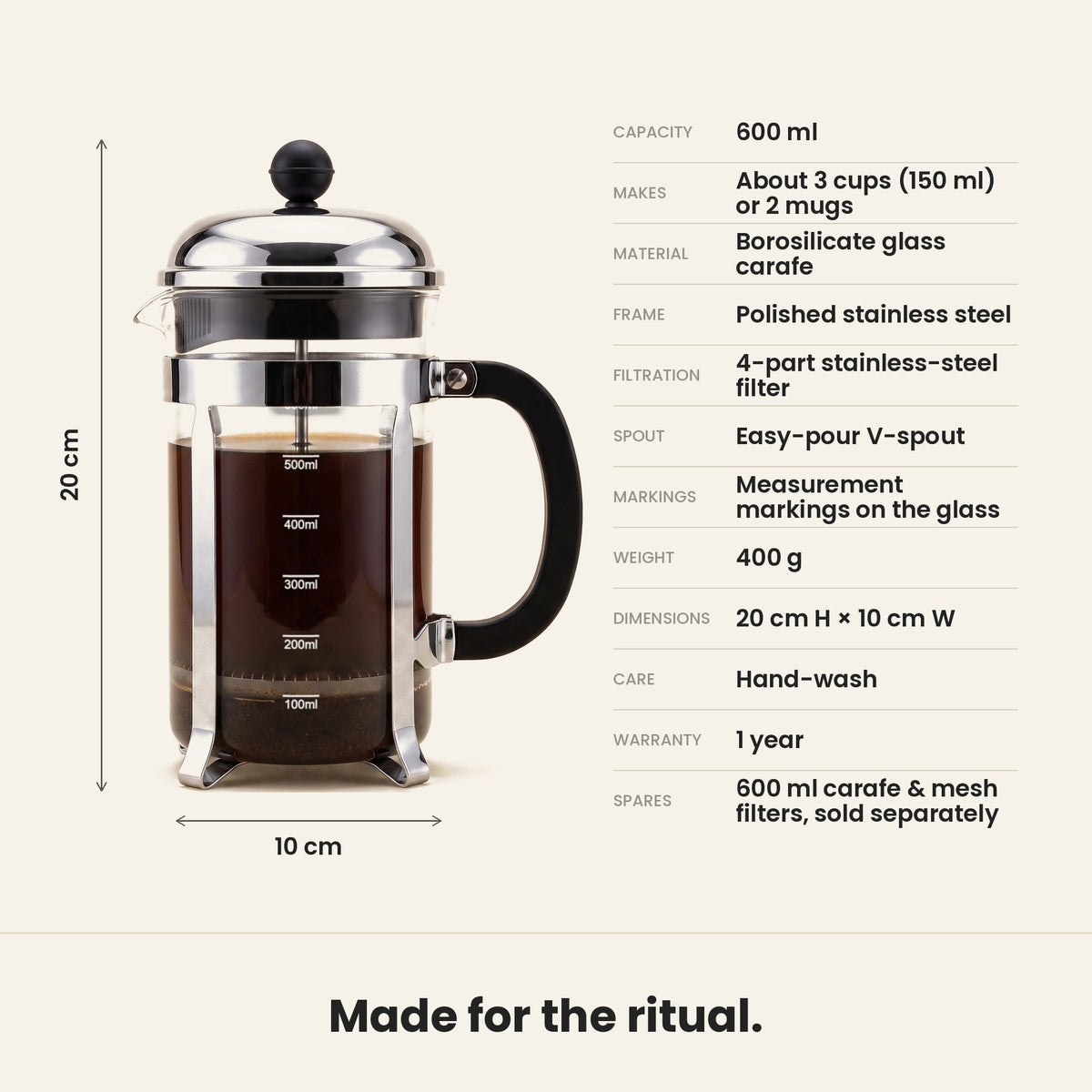 InstaCuppa Classic Glass French Press 600 ml - Clear - specifications: 600 ml borosilicate glass, polished steel frame, hand-wash, 20 x 10 cm