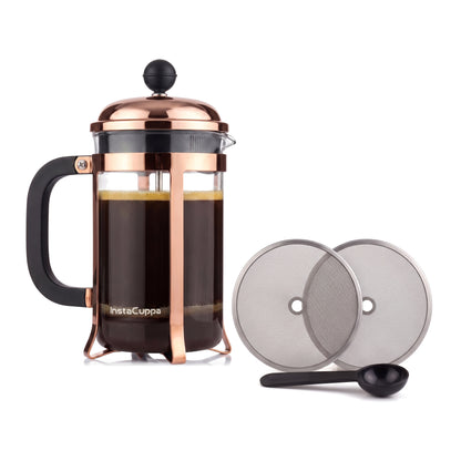 InstaCuppa Classic Glass French Press 600 ml - Copper - glass French press with a copper-finish frame, 2 spare mesh filters and a scoop